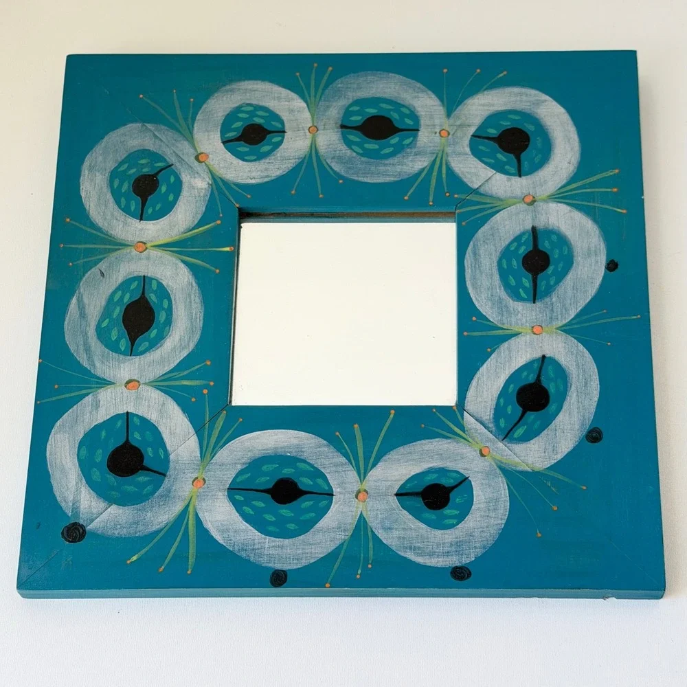 Vintage Hand Painted Square Mirror 12x12 Laurie Conklin Blue Folk Art Abstract